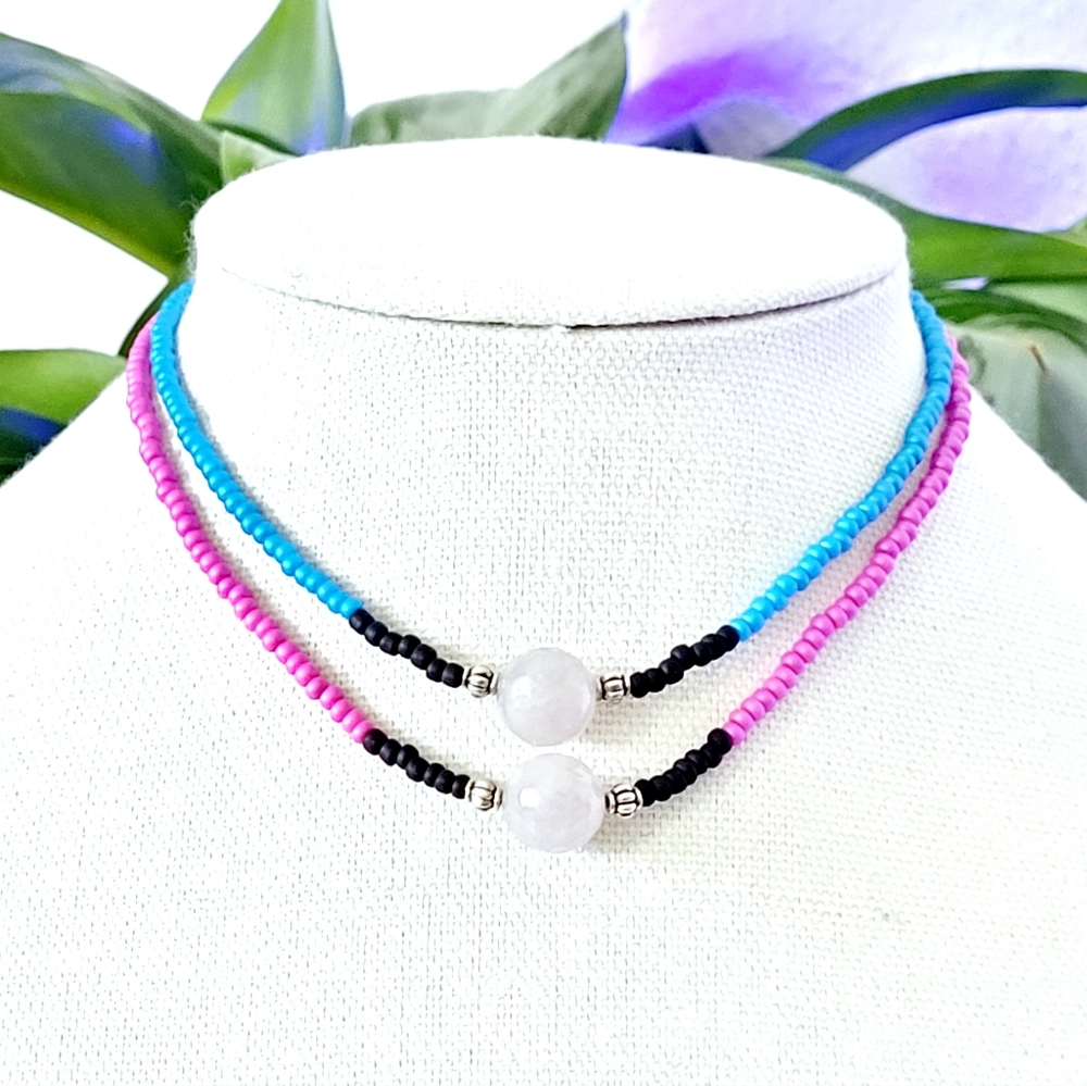 Adjustable 2 strand seed bead & quartz beaded choker necklace, 13" - 17"
